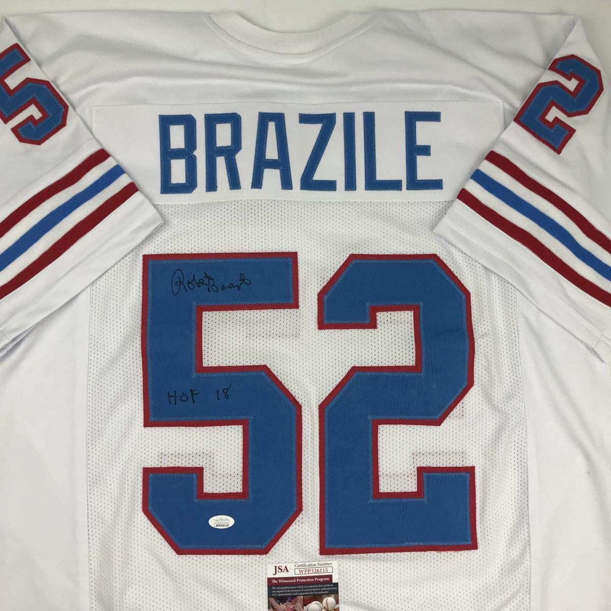 Autographed/Signed Robert Brazile HOF 18 Houston White Football Jersey JSA COA