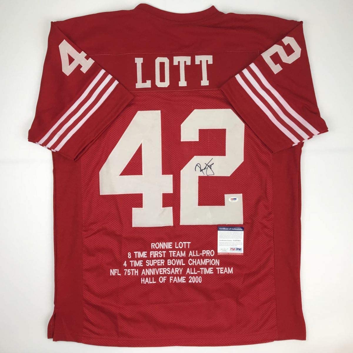 Autographed/Signed Ronnie Lott San Francisco Red Stat Football Jersey PSA/DNA COA