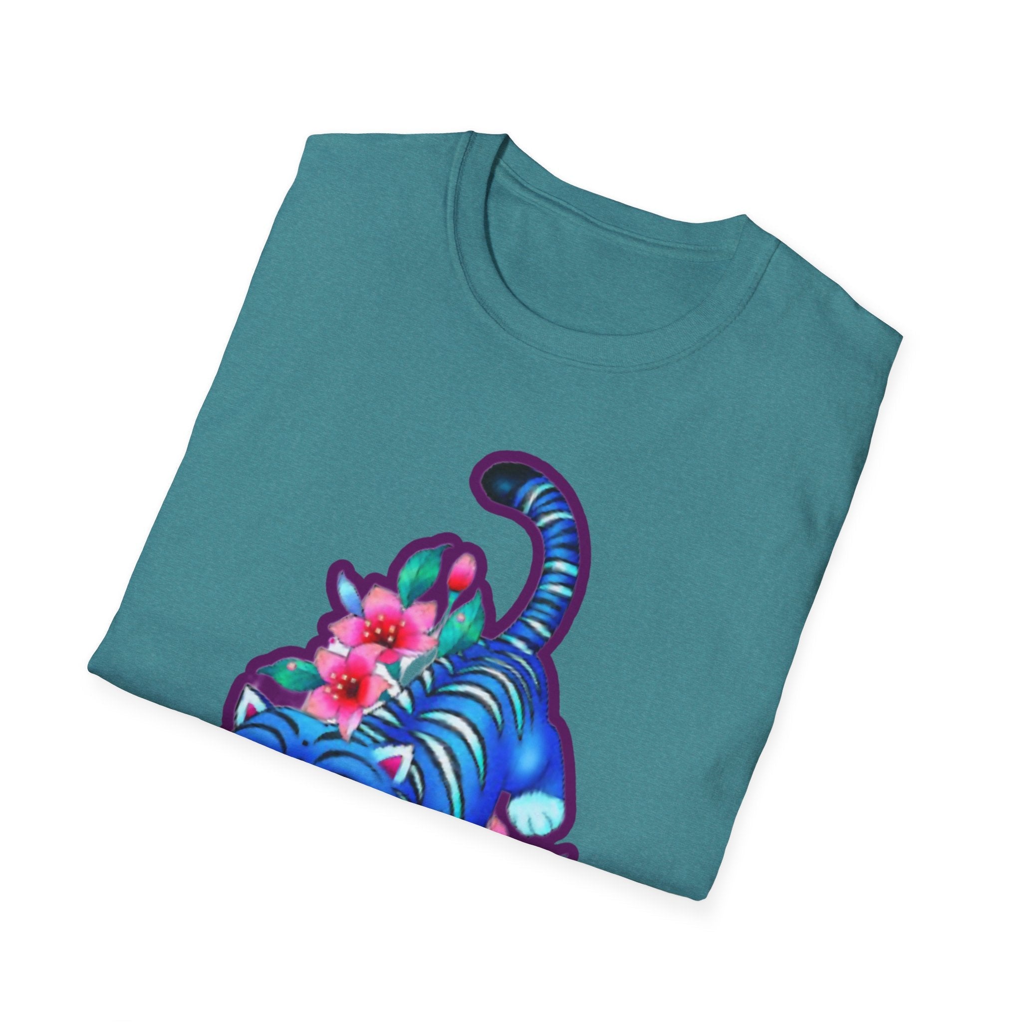 Charming Blue Floral Cat  idol tigerT-Shirt, Cute Cat Tee, Animal Lover Gift, Summer Fashion, Gift for Cat Lovers, Fun Graphic Tee