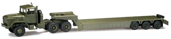 Herpa 744485 HO Scale M 931 Semi Tractor with Flatbed Trailer- Assembled -- United States Army (green)
