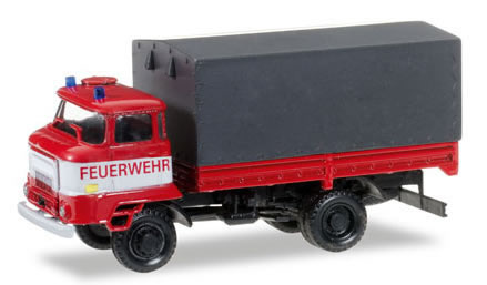 Herpa 745314 HO Scale Ifa L 60 Low-Side Truck w/Tarp Cover - Assembled -- East German Army (Fire Service; red, white, black; German Lettering)