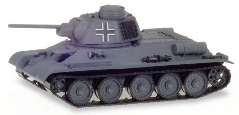 Herpa 746045 HO Scale Captured T-34/76 Battle Tank - Assembled -- Former German Army (gray, German Lettering)