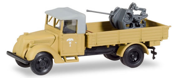 Herpa 746106 HO Scale Ford 997 T Flatbed Truck w/37mm Flak Gun -- Former German Army Afrika Korps (tan)