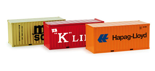Herpa 76432 HO Scale 20' Intermodal Container 3-Pack - Assembled -- 1 Each: NYK (blue), Hamburg Sud (orange), CMA CGM (blue)