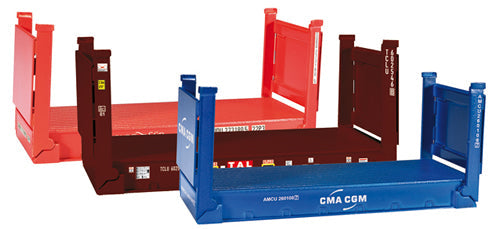 Herpa 76579 HO Scale 20' Flat Container 3-Pack - Assembled -- CMA-CGM (blue), TAL (maroon), Hamburg Sud (red)