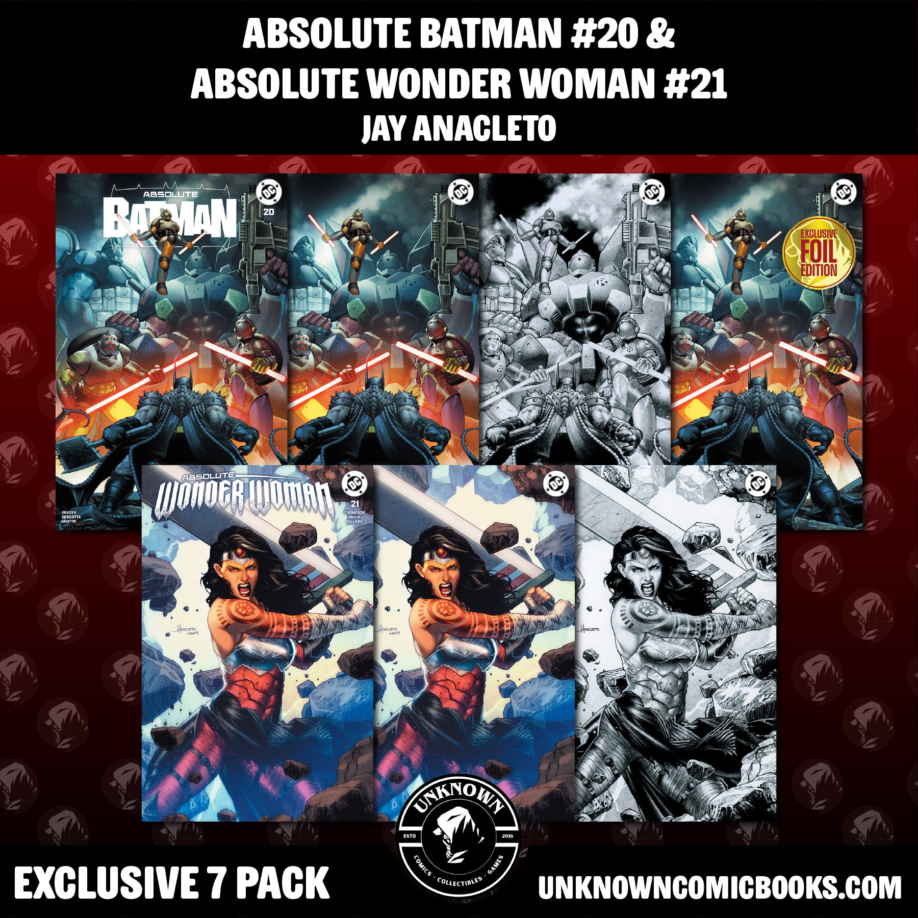 [7 PACK] ABSOLUTE BATMAN #20 EXCLUSIVE BONUS JAY ANACLETO EXCLUSIVE VAR (05/13/2026) & ABSOLUTE WONDER WOMAN #21 JAY ANACLETO EXCLUSIVE VAR (06/24/2026)