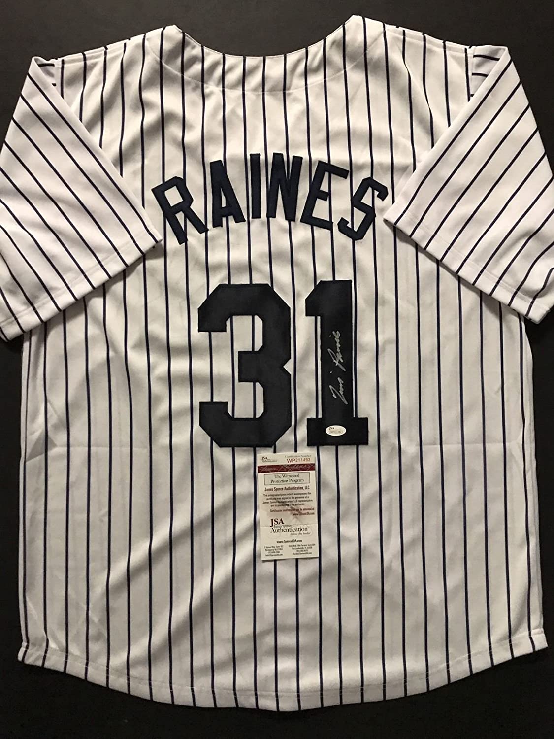 Autographed/Signed Tim Raines New York Pinstripe Baseball Jersey JSA COA