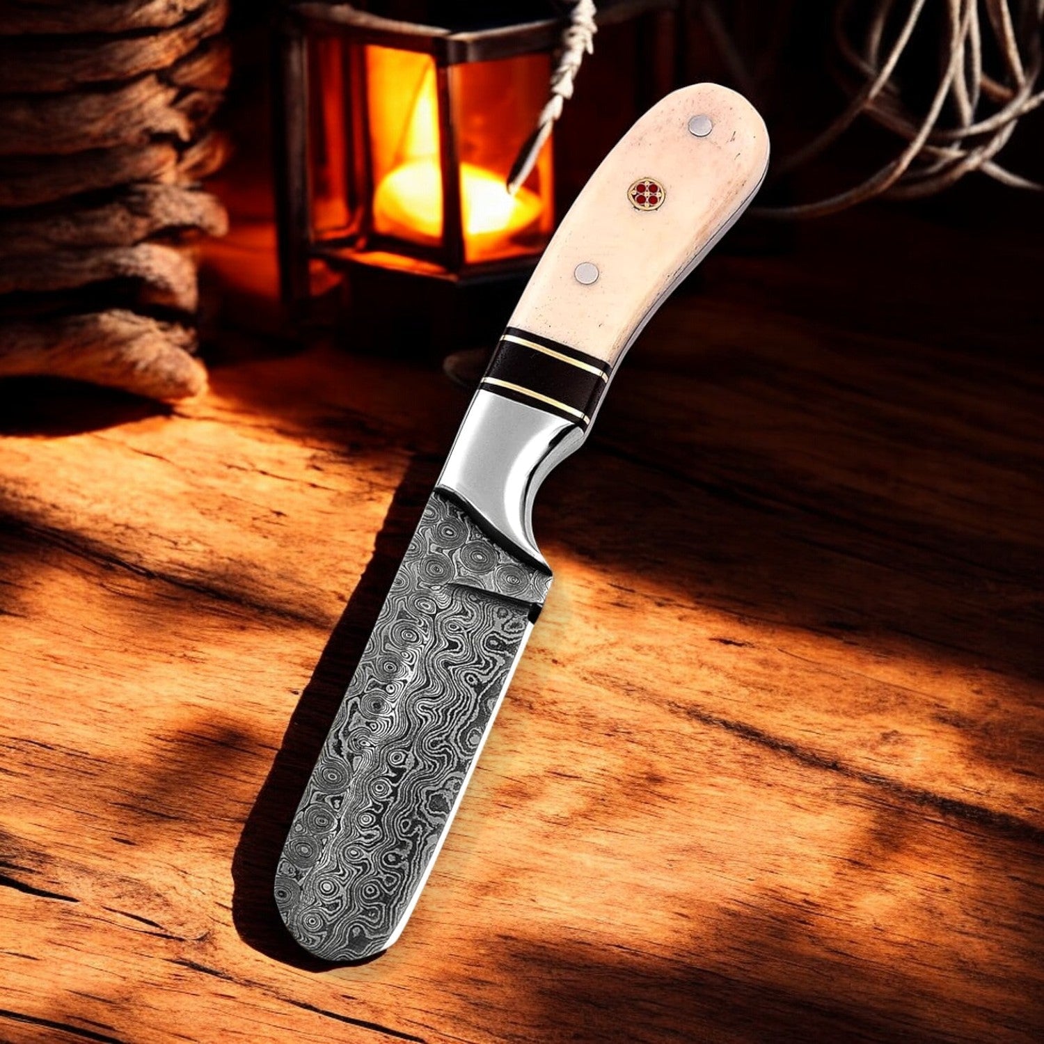 Custom Handmade Bull Cutter Knife – 7" Raindrops Damascus Steel