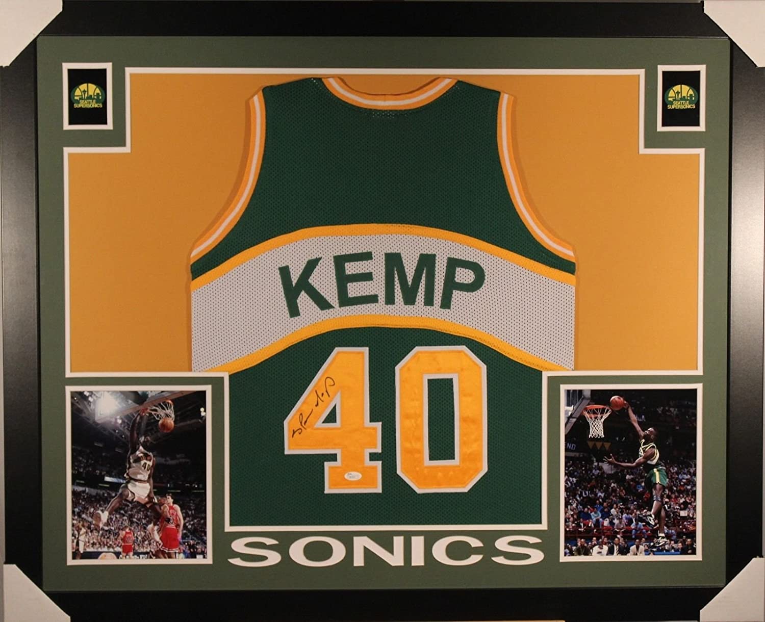 Autographed/Signed Shawn Kemp Framed 35x43 Seattle SuperSonics Green Basketball Jersey JSA COA