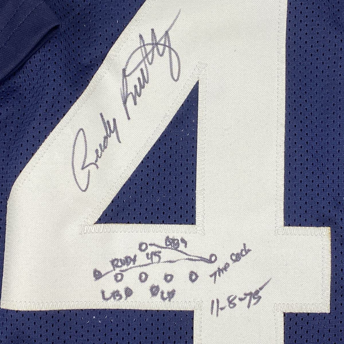 Autographed/Signed Rudy Ruettiger Hand Drawn Play Notre Dame Blue College Football Jersey JSA COA