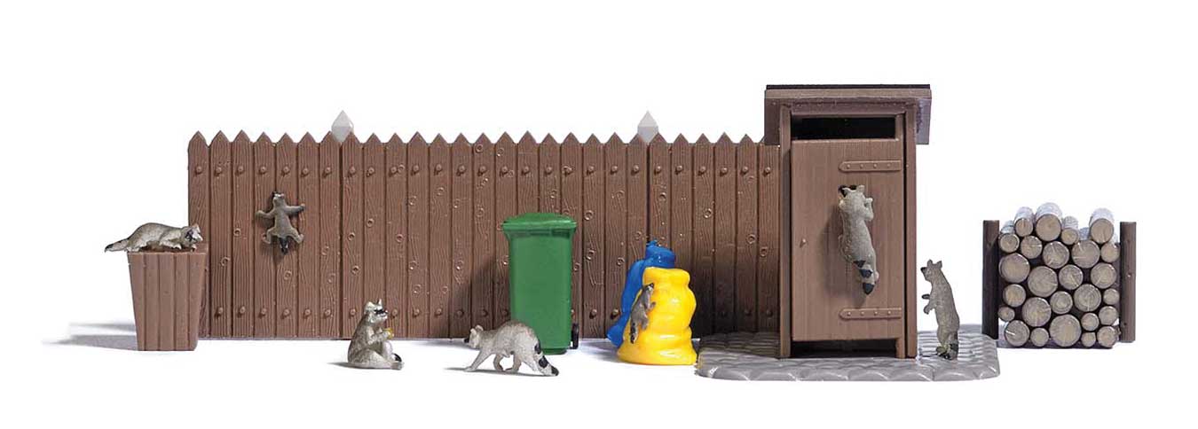 Busch 7922 HO Scale Raccoons - Raccoons, Wood Fence, Wood Pile, Trash Can, Etc