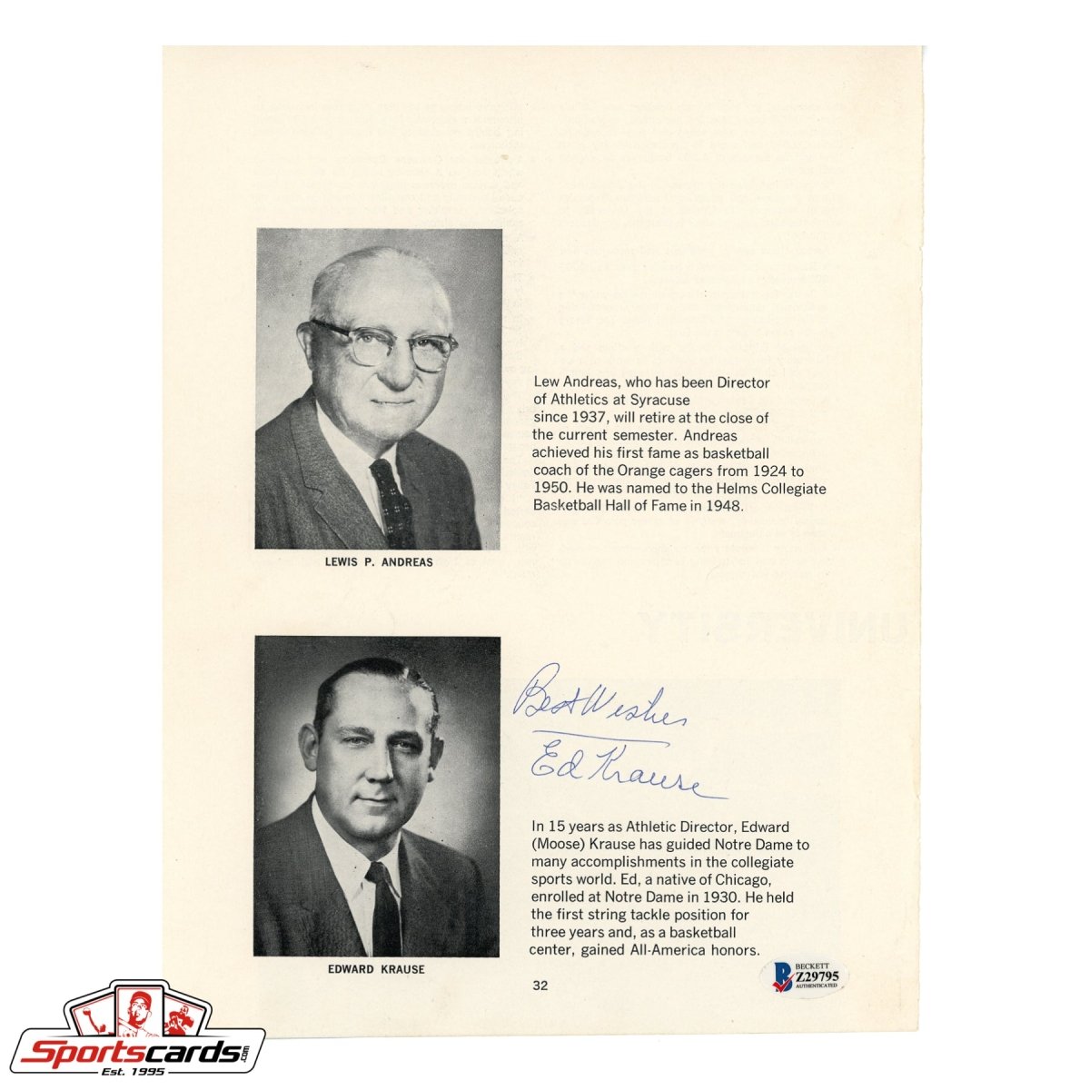 Ed Krause (d.1992) Signed Autographed Magazine Photo BAS