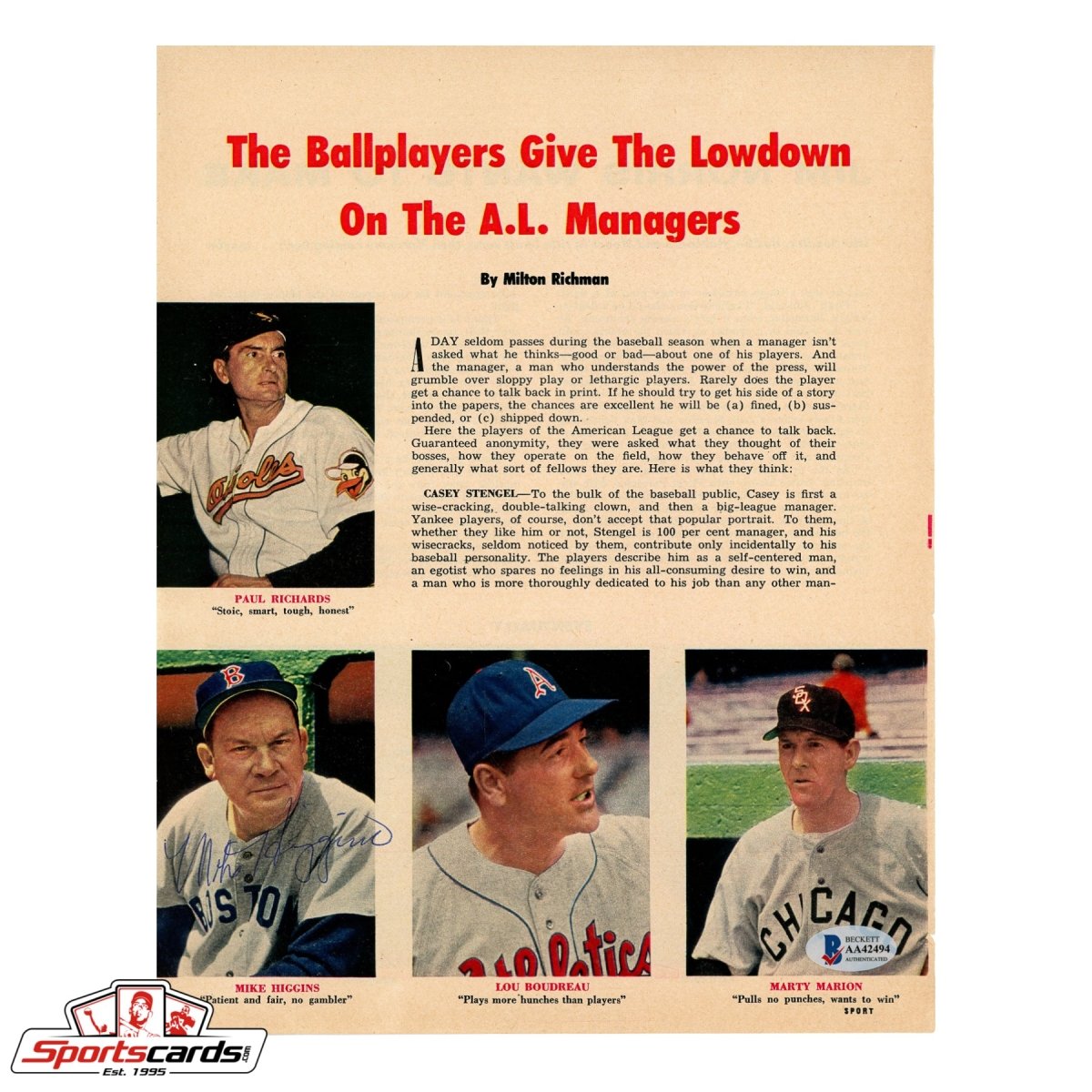 Mike Pinky Higgins (d.1969) Signed Autographed Magazine Photo BAS