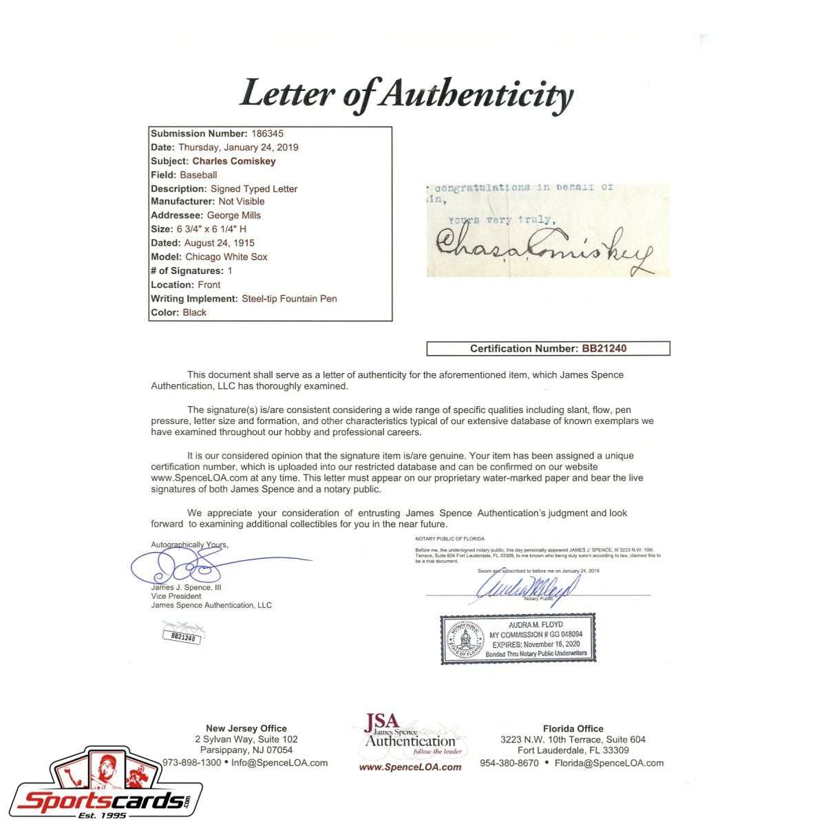 Charles Comiskey (d.1931) Signed Autographed Typed Letter JSA LOA