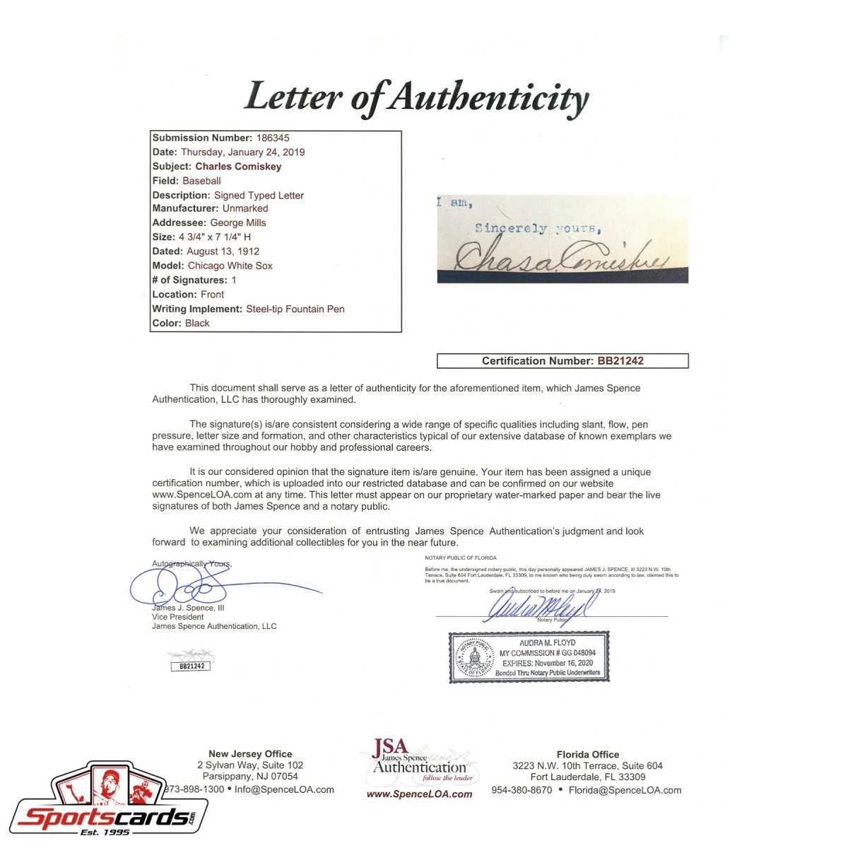 Charles Comiskey (d.1931) Signed Autographed Typed Letter JSA LOA