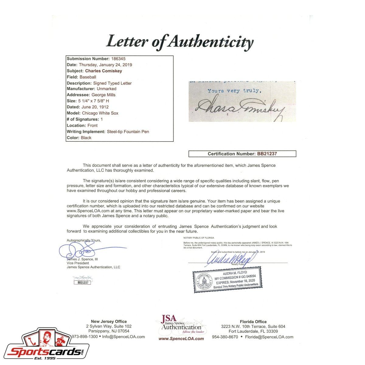 Charles Comiskey (d.1931) Signed Autographed Typed Letter JSA LOA