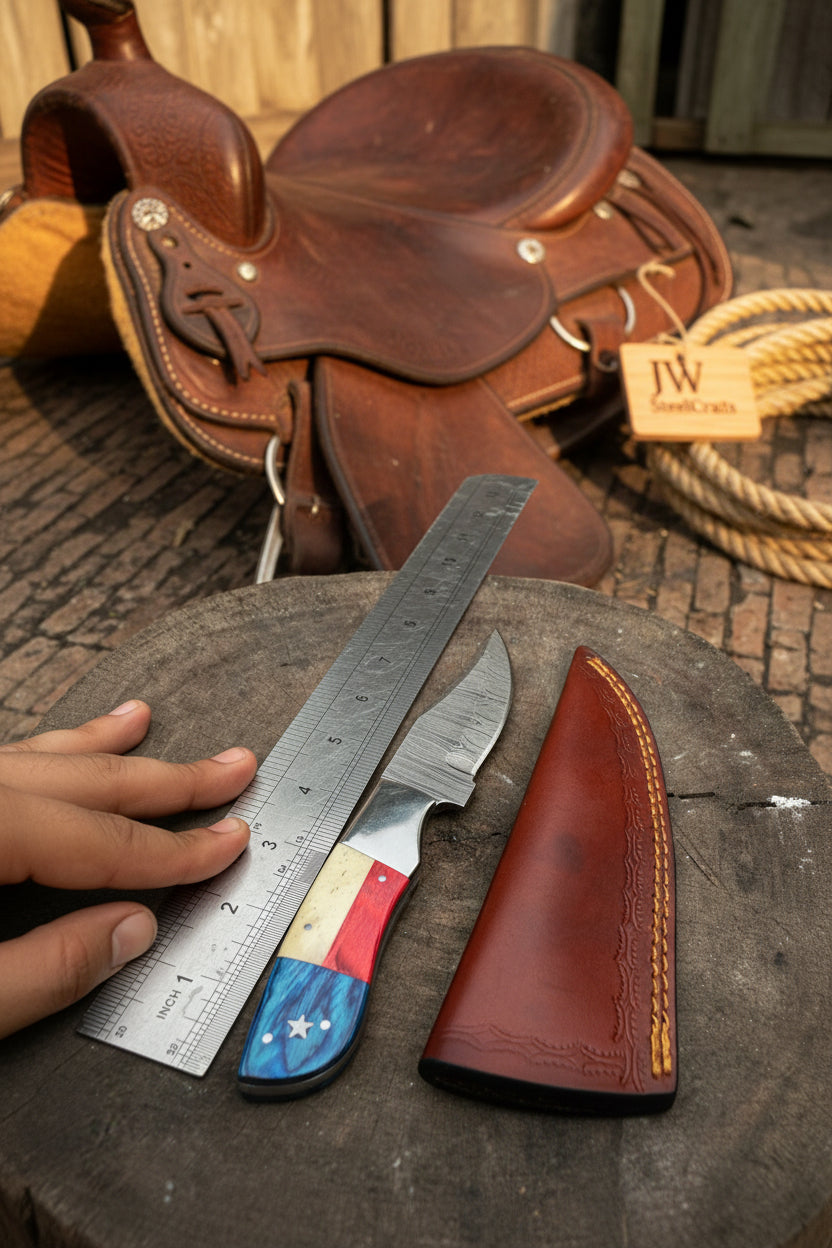Damascus Camping Knife Fixed Blade USA Flag Resin Handle Outdoor Utility Knife with Sheath