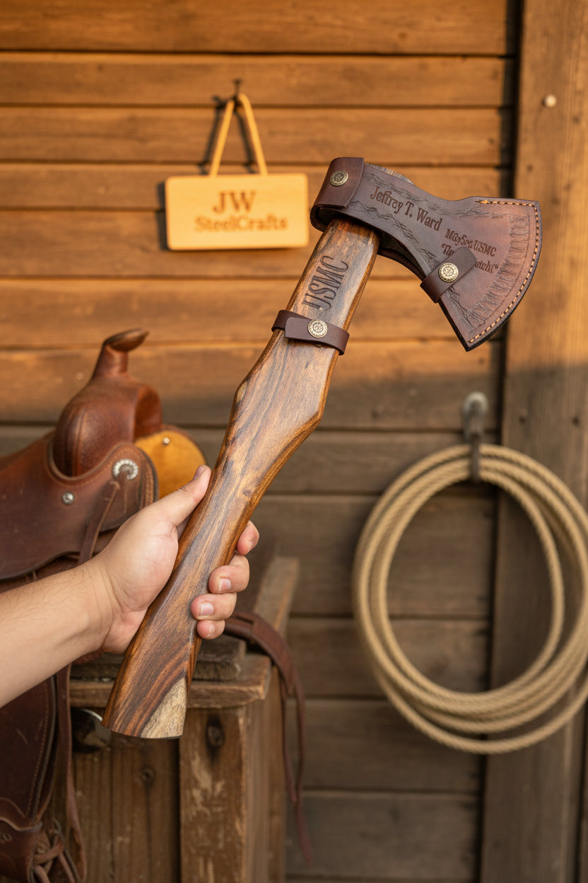 Hand Forged Damascus Steel Broad Edge Belt Axe with Hardwood Handle and Leather Sheath | JW SteelCrafts