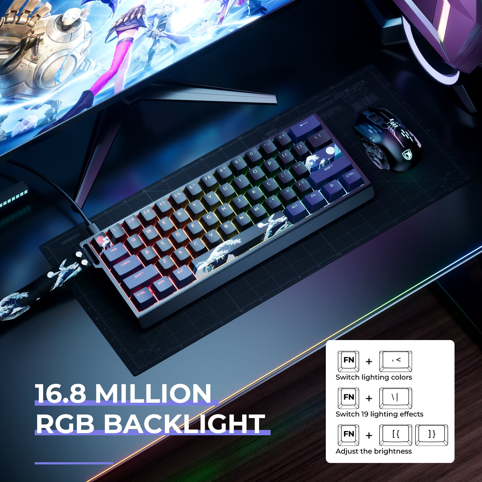 XVX H61 Kanagawa CNC Aluminum 60% Mechanical Keyboard Wired Hot Swap Switches Full RGB With PBT Keycaps