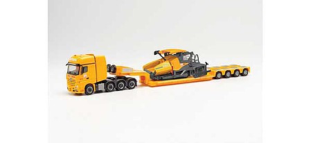 Herpa 313421 HO Scale Mercedes-Benz Actros Heavy Haul Tractor, Volgele 1900-3i Paver Tractor on Lo -- Max Bogl (yellow, red, German Lettering)