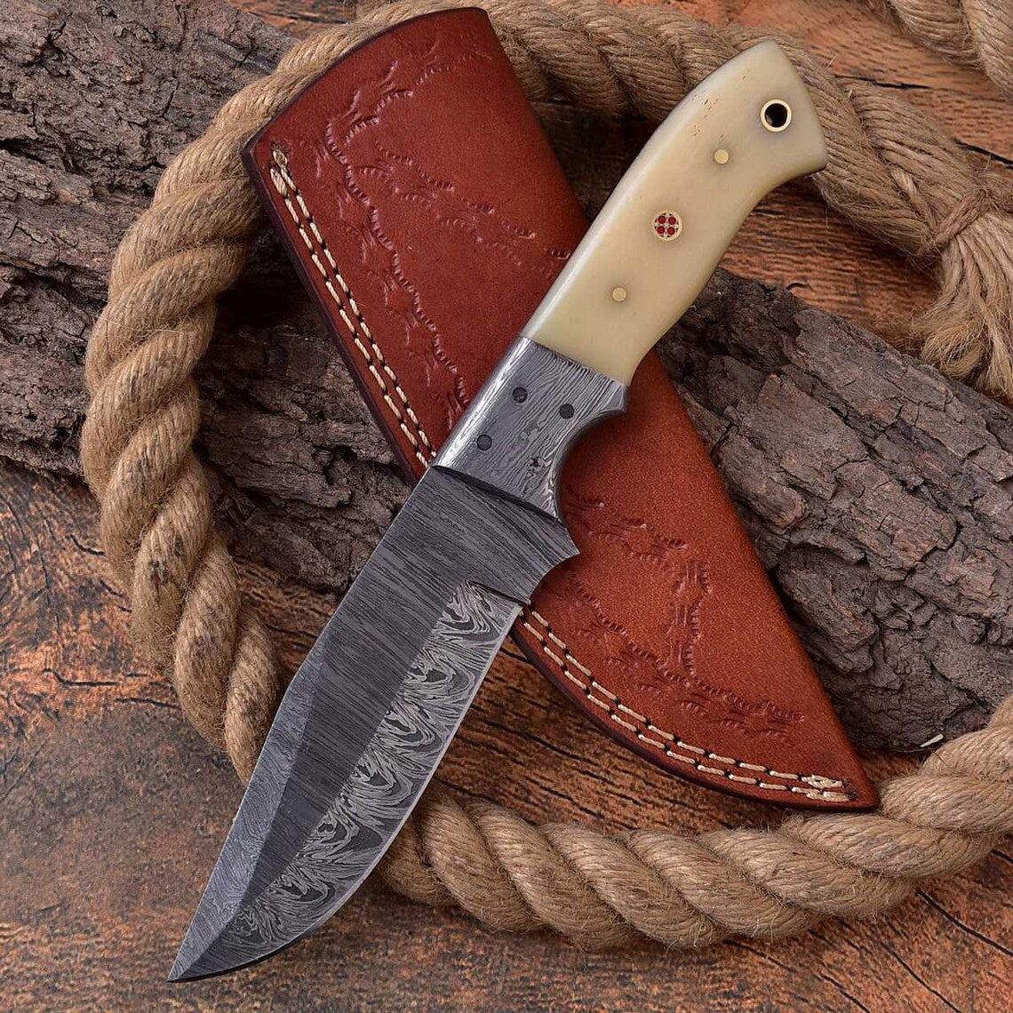 Custom Handmade Hunting Knife with Full Tang Damascus Steel Blade and Bone Handle - 9 Inches