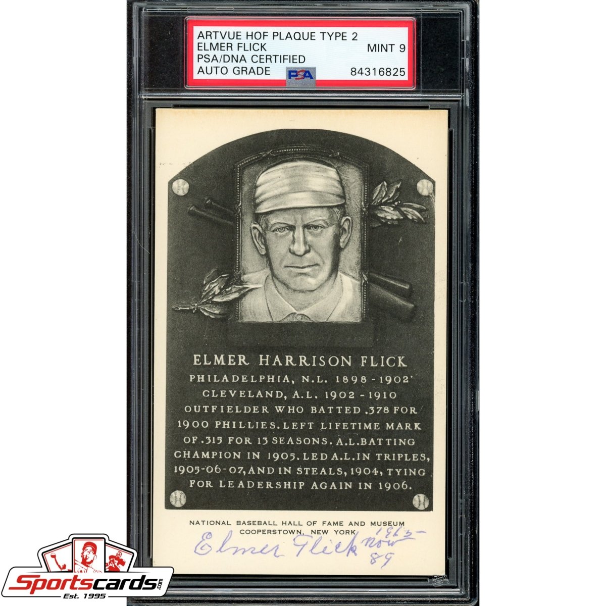 Elmer Flick Auto Signed Artvue HOF Plaque Type 2 PSA Mint 9 POP 1