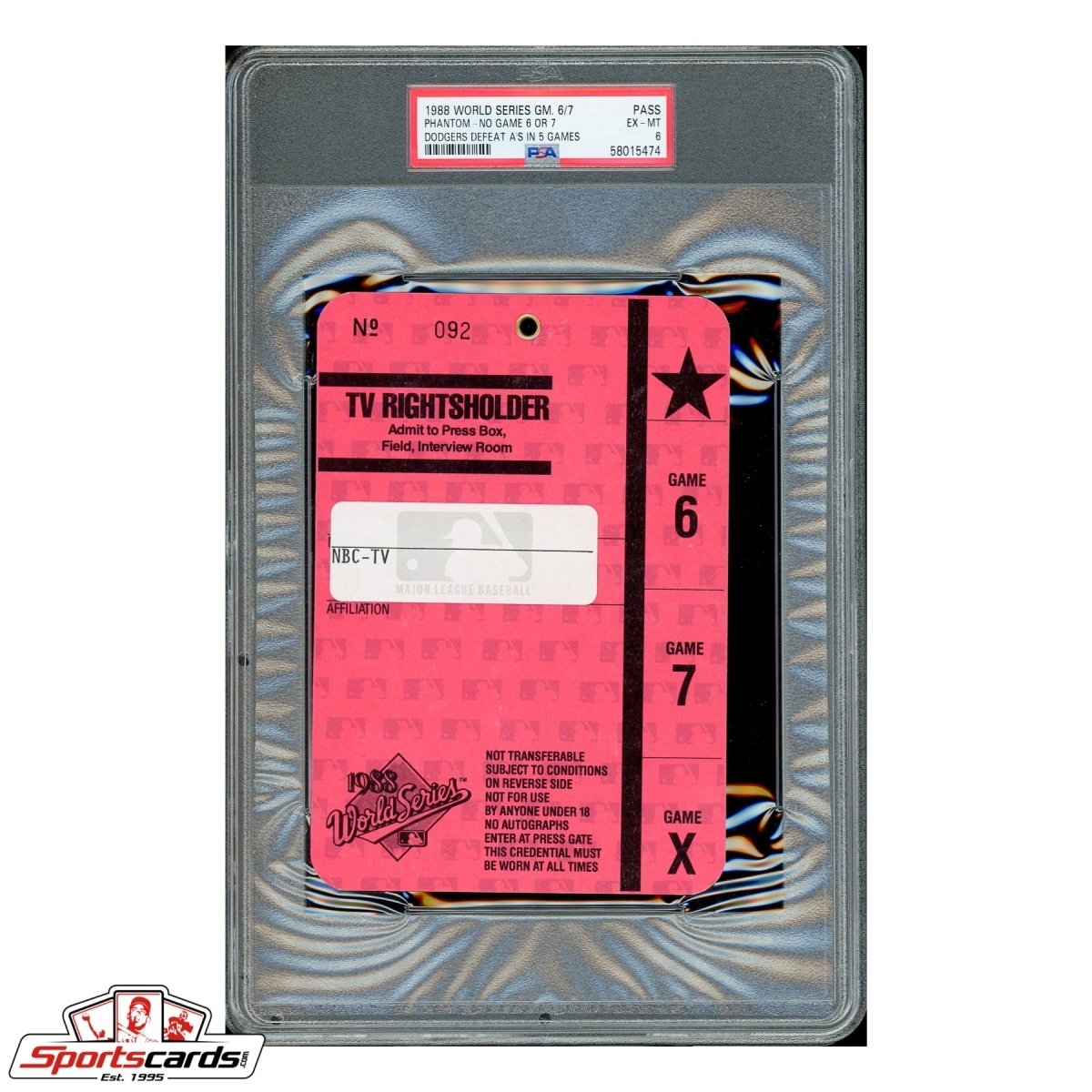 1988 World Series Game 6 & 7 NBC TV Press Pass A's vs. Dodgers - PSA EX-MT 6