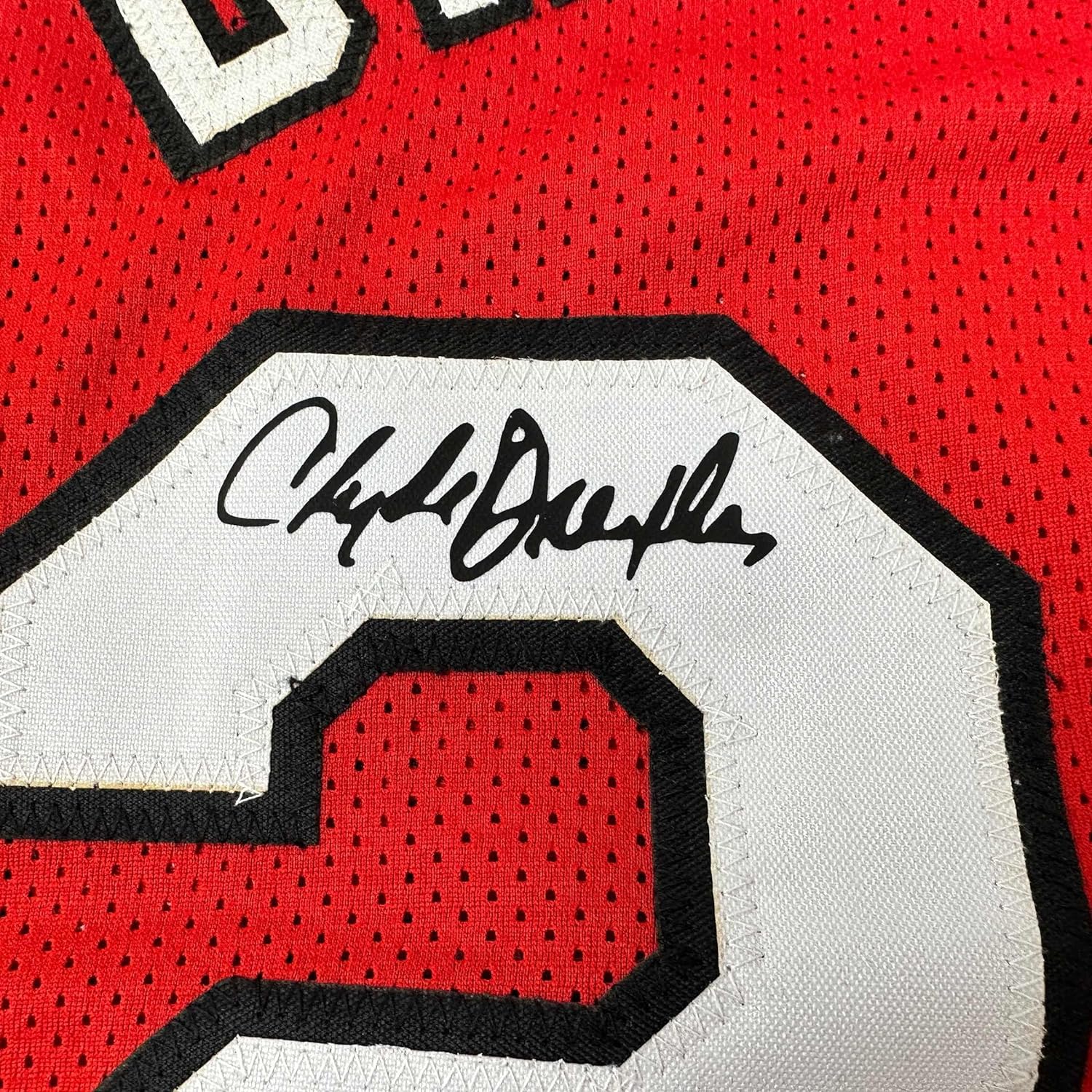 Framed Facsimile Autographed Clyde Drexler 35x39 Portland Red Reprint Laser Auto Basketball Jersey