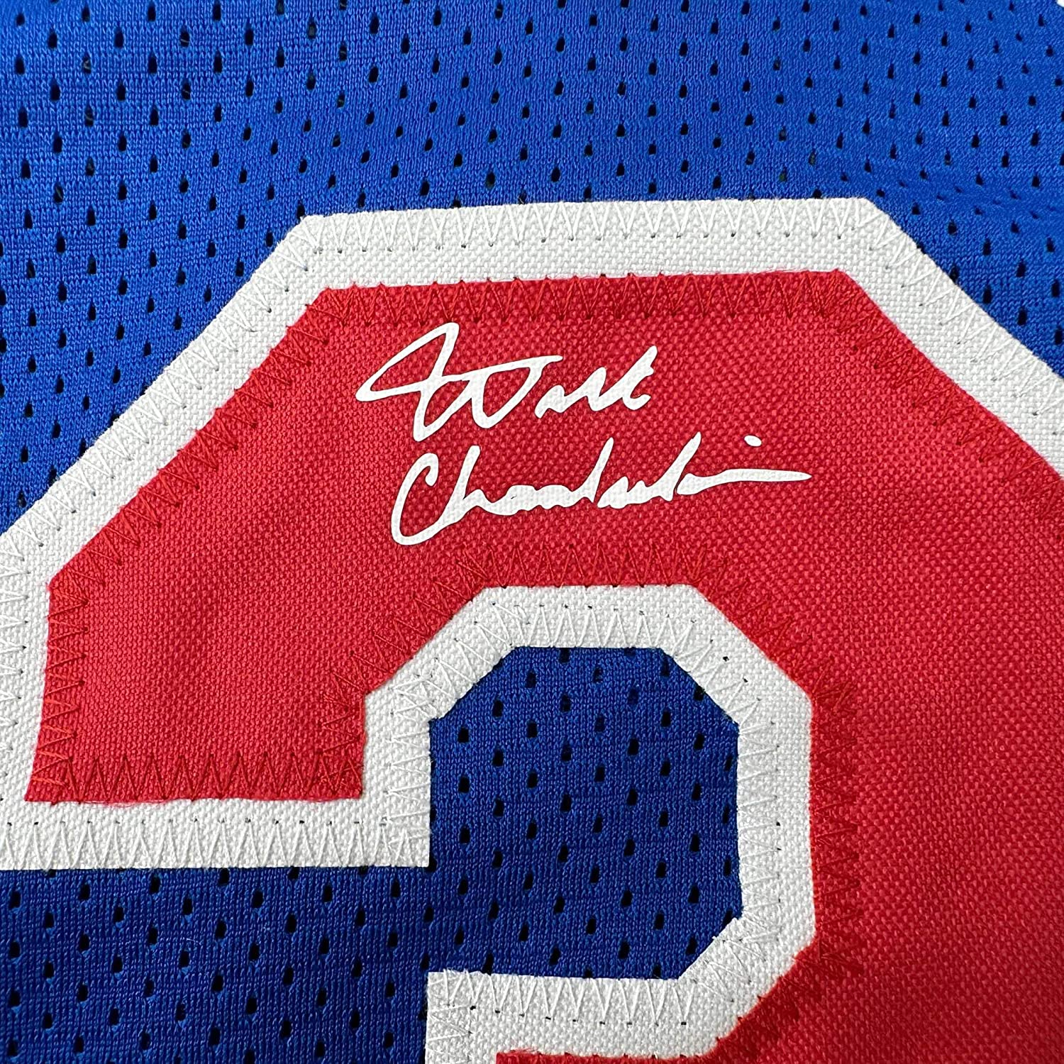 Framed Facsimile Autographed Wilt Chamberlain 35x39 Philadelphia Blue Reprint Laser Auto Basketball Jersey