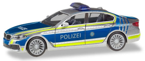 Herpa 94566 HO Scale BMW 5-Series Sedan - Assembled -- Police (blue, silver, yellow, German Lettering)
