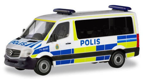 Herpa 94719 HO Scale Mercedes-Benz Sprinter Passenger Van - Assembled -- Police (white, blue, yellow, Norwegian Lettering)