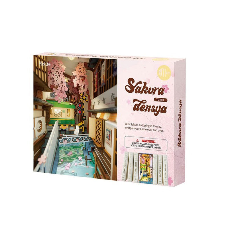 DIY Wooden Book Nook Kit – Sakura Densya Miniature Dollhouse with LED Light