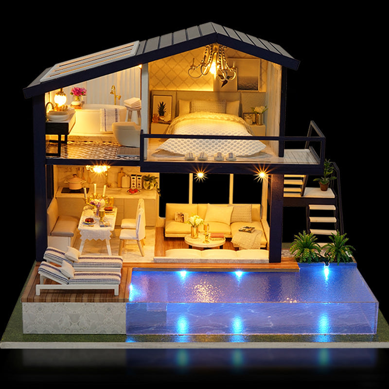 DIY Wooden Dollhouse Kit – 3D Miniature House with Furniture & LED Lights