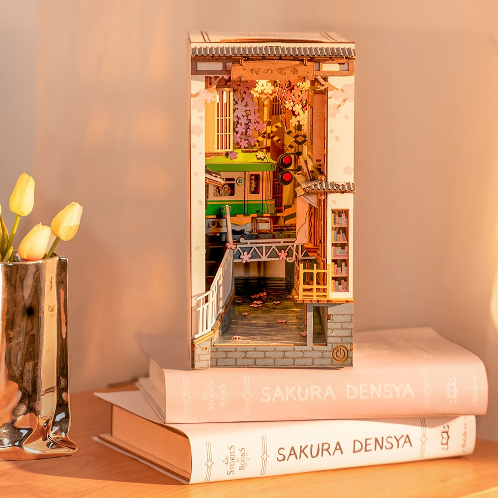 DIY Wooden Book Nook Kit – Sakura Densya Miniature Dollhouse with LED Light