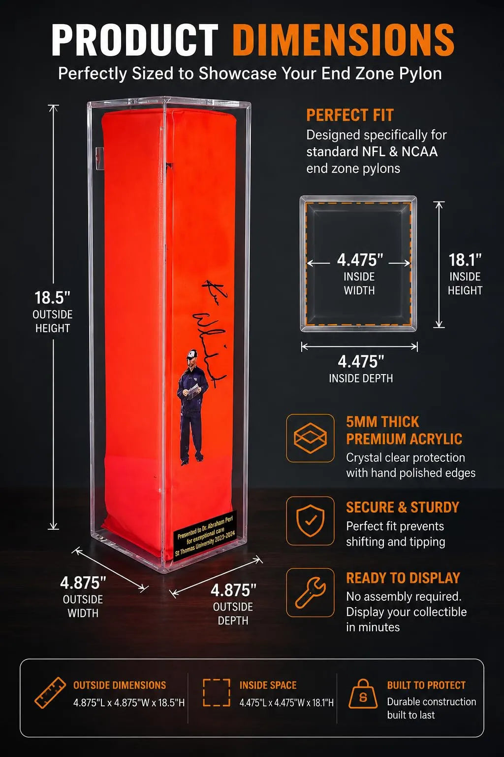 Acrylic Football End Zone Pylon Display Case (A021/D04)