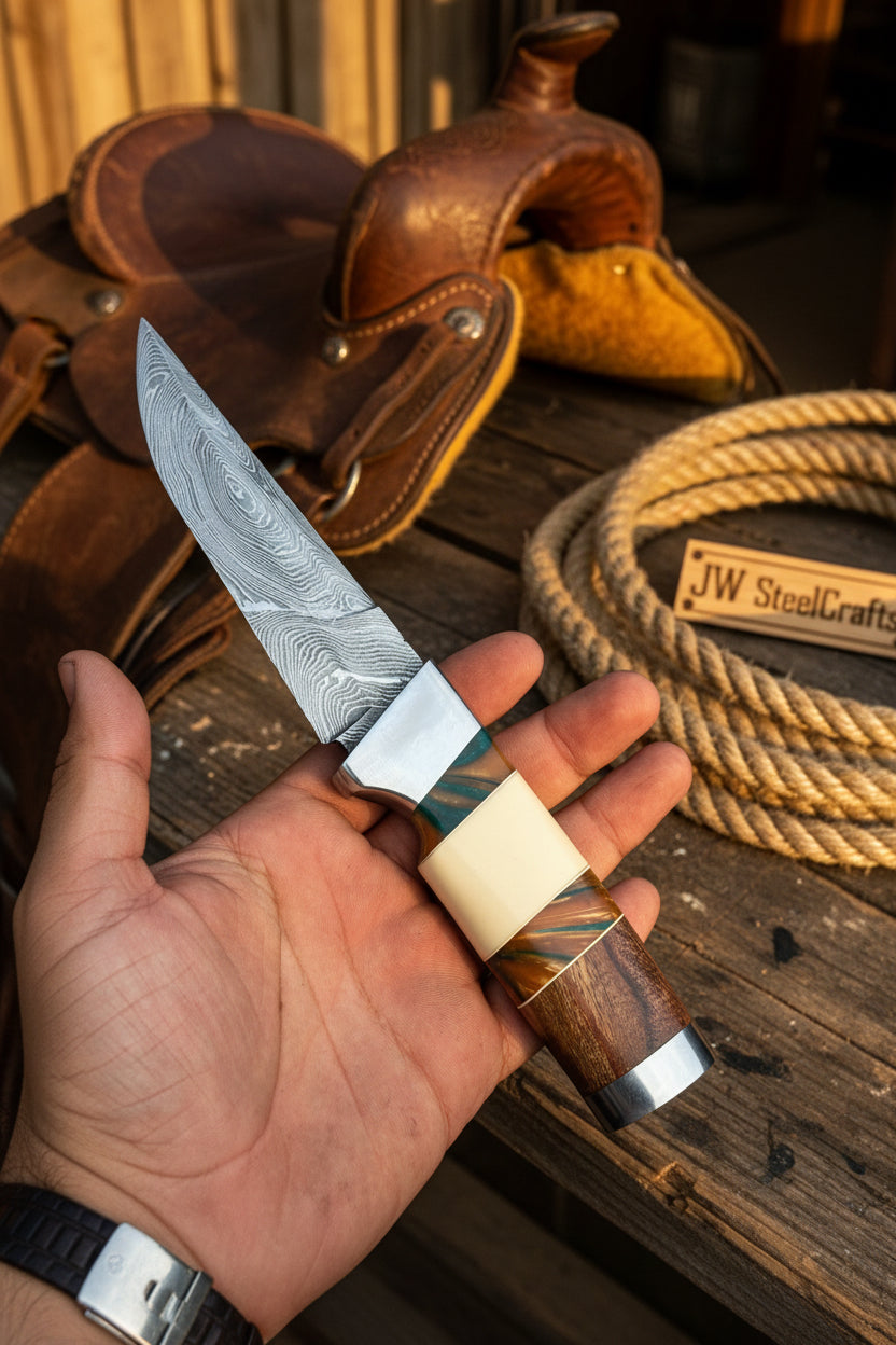 Hunting Knife 4.5” Damascus Steel Straight Back Blade Hybrid Wood Resin Handle Viking-Inspired