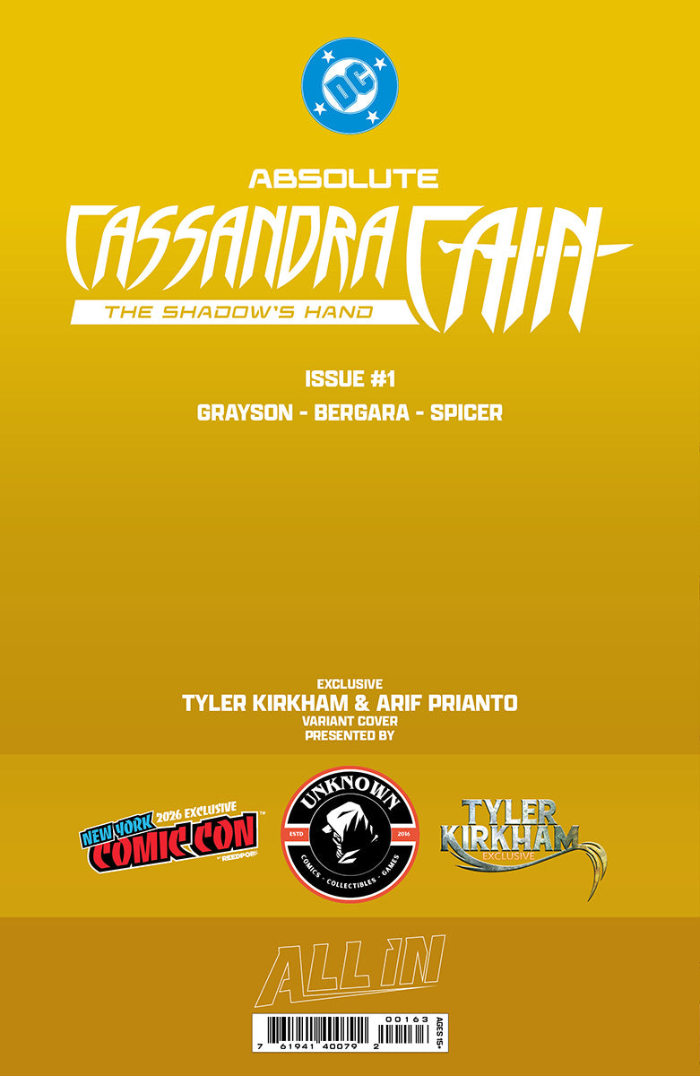 [GOLD FOIL] ABSOLUTE CASSANDRA CAIN THE SHADOW'S HAND #1 (ONE SHOT) TYLER KIRKHAM NYCC BATTLE DAMAGED EXCLUSIVE VIRGIN VAR (10/28/2026)