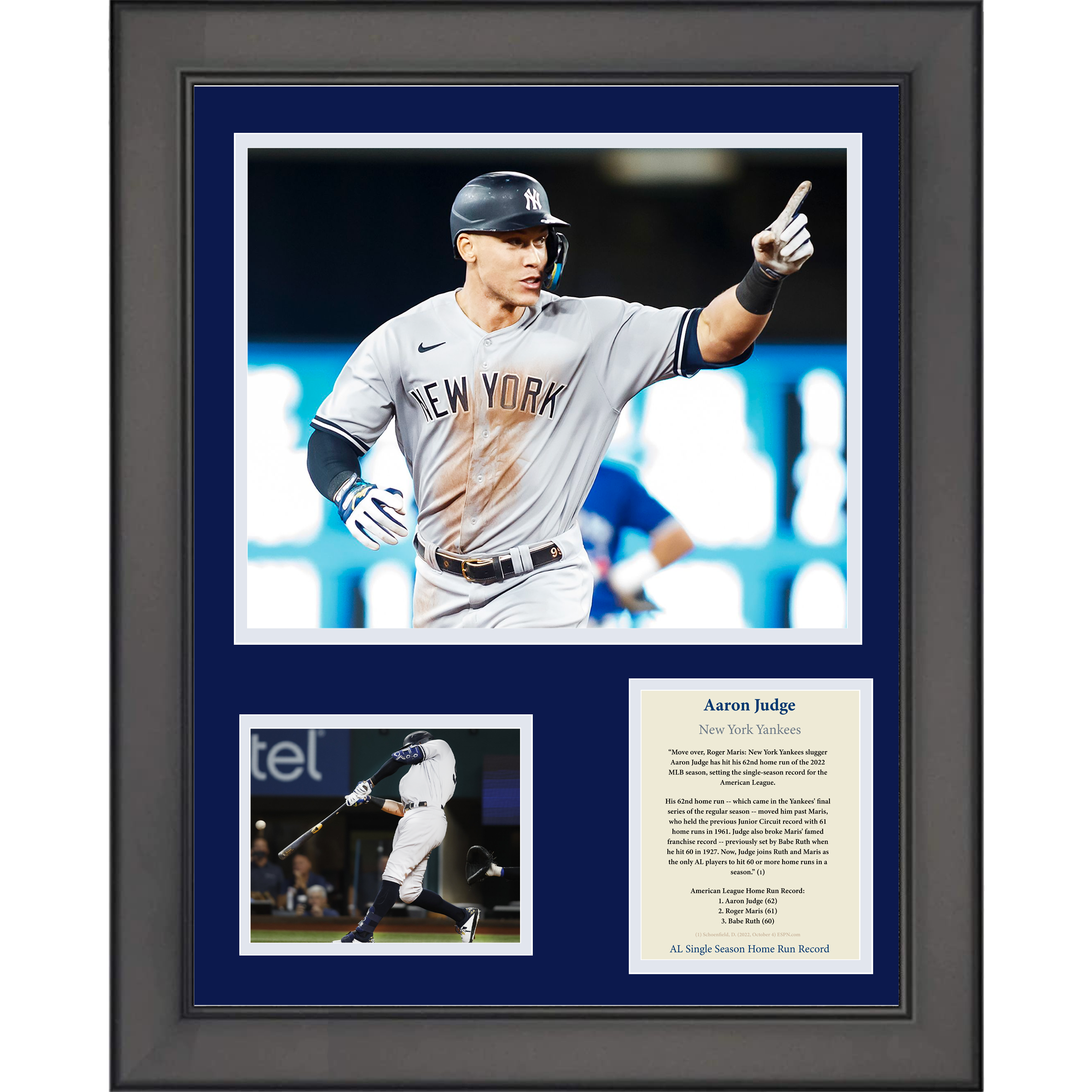Framed Aaron Judge 62 Home Run AL Record New York Yankees Baseball 11"x14" Three Photo Collage