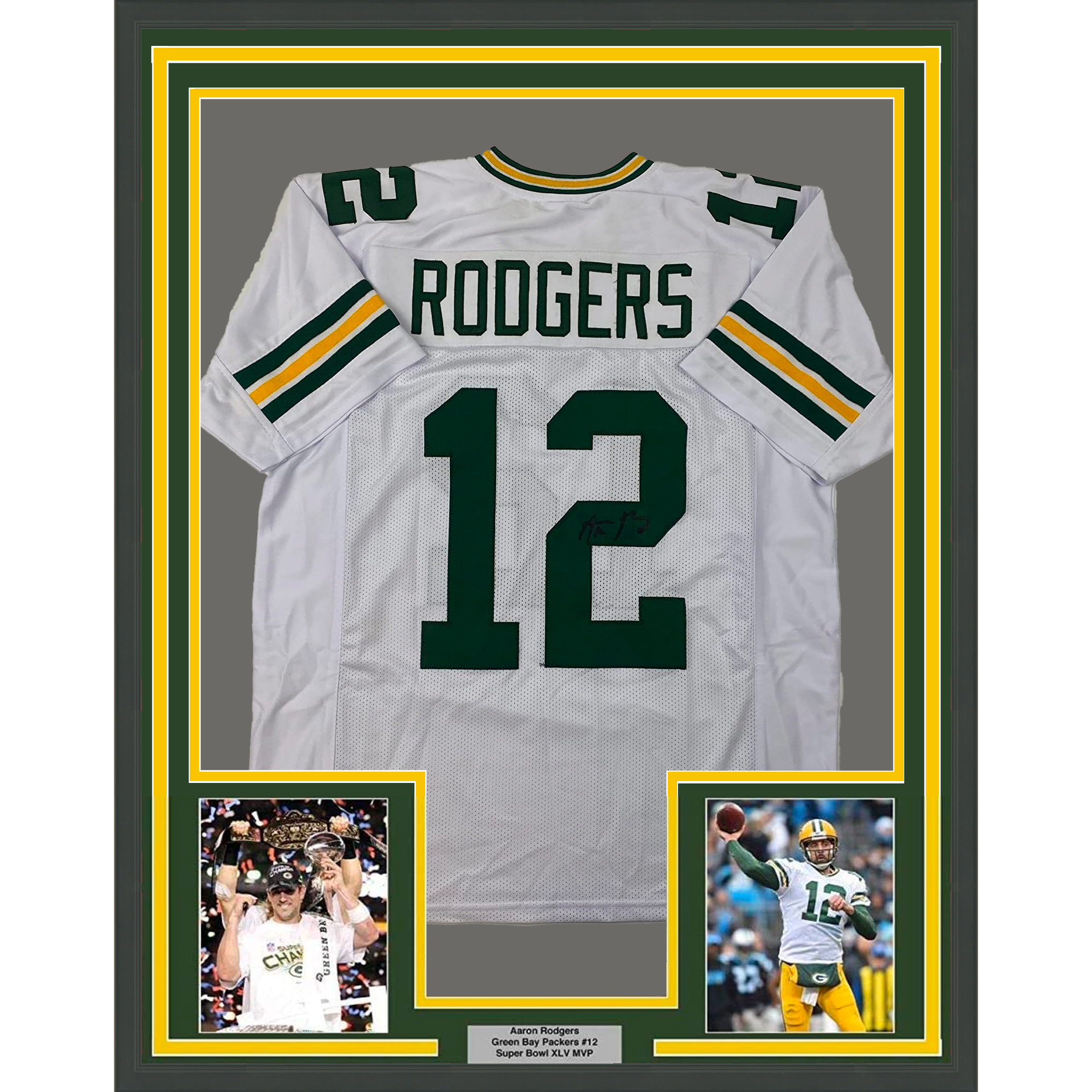 Framed Facsimile Autographed Aaron Rodgers 35x39 Green Bay White Reprint Laser Auto Football Jersey Size Men's XL