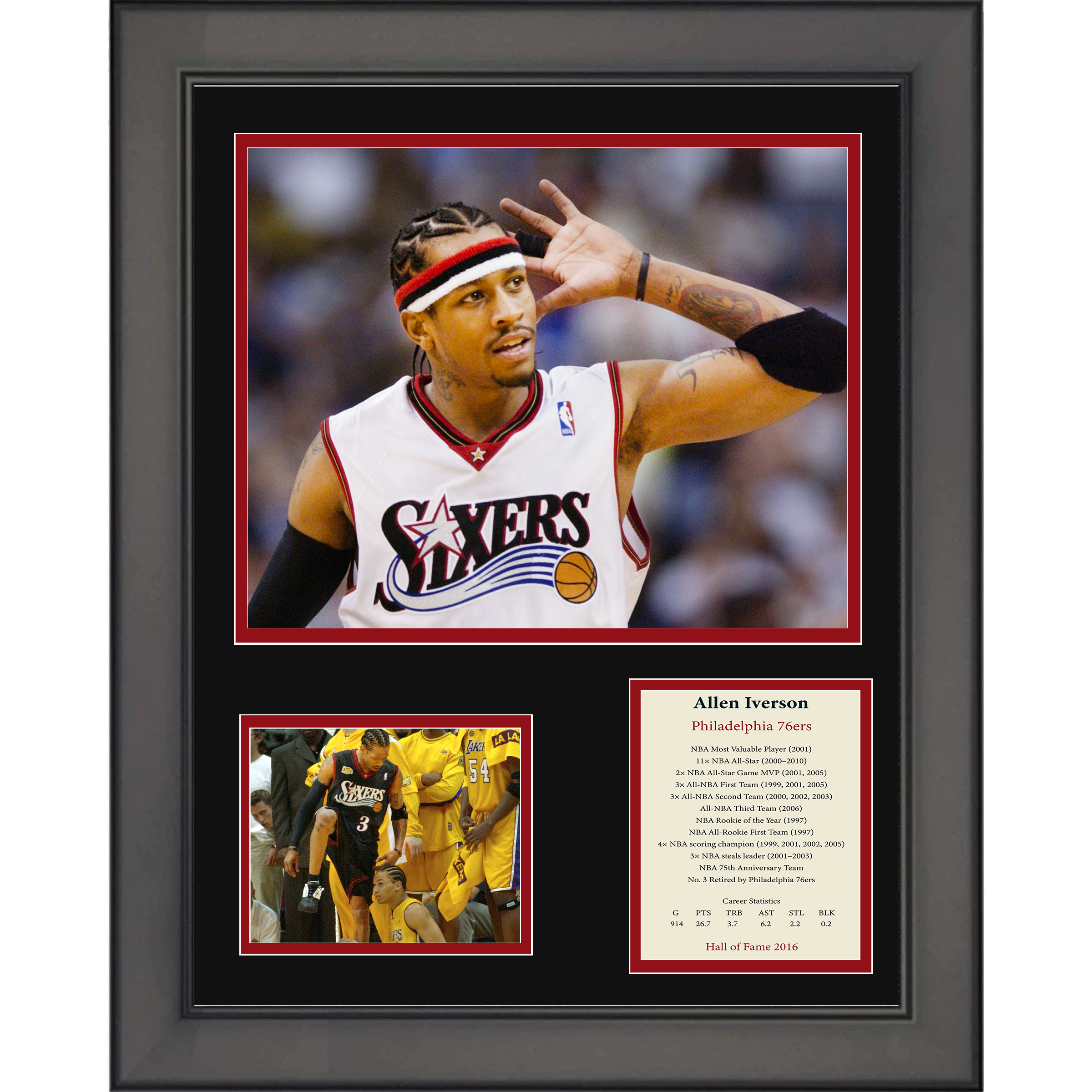 Framed Allen Iverson Hall of Fame Philadelphia 76ers Basketball 11"x14" Three Photo Collage