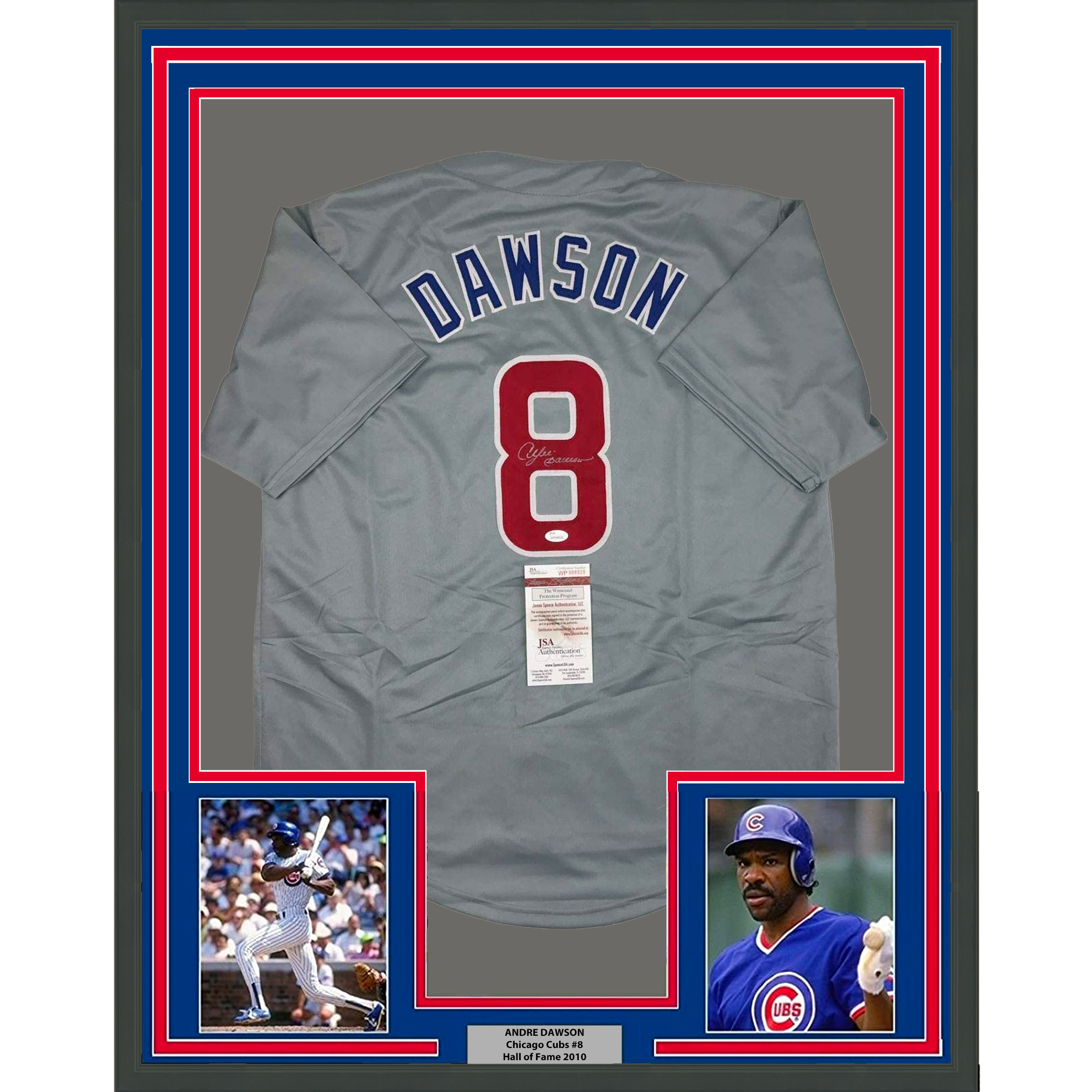 Framed Autographed/Signed Andre Dawson 35x39 Chicago Grey Baseball Jersey JSA COA