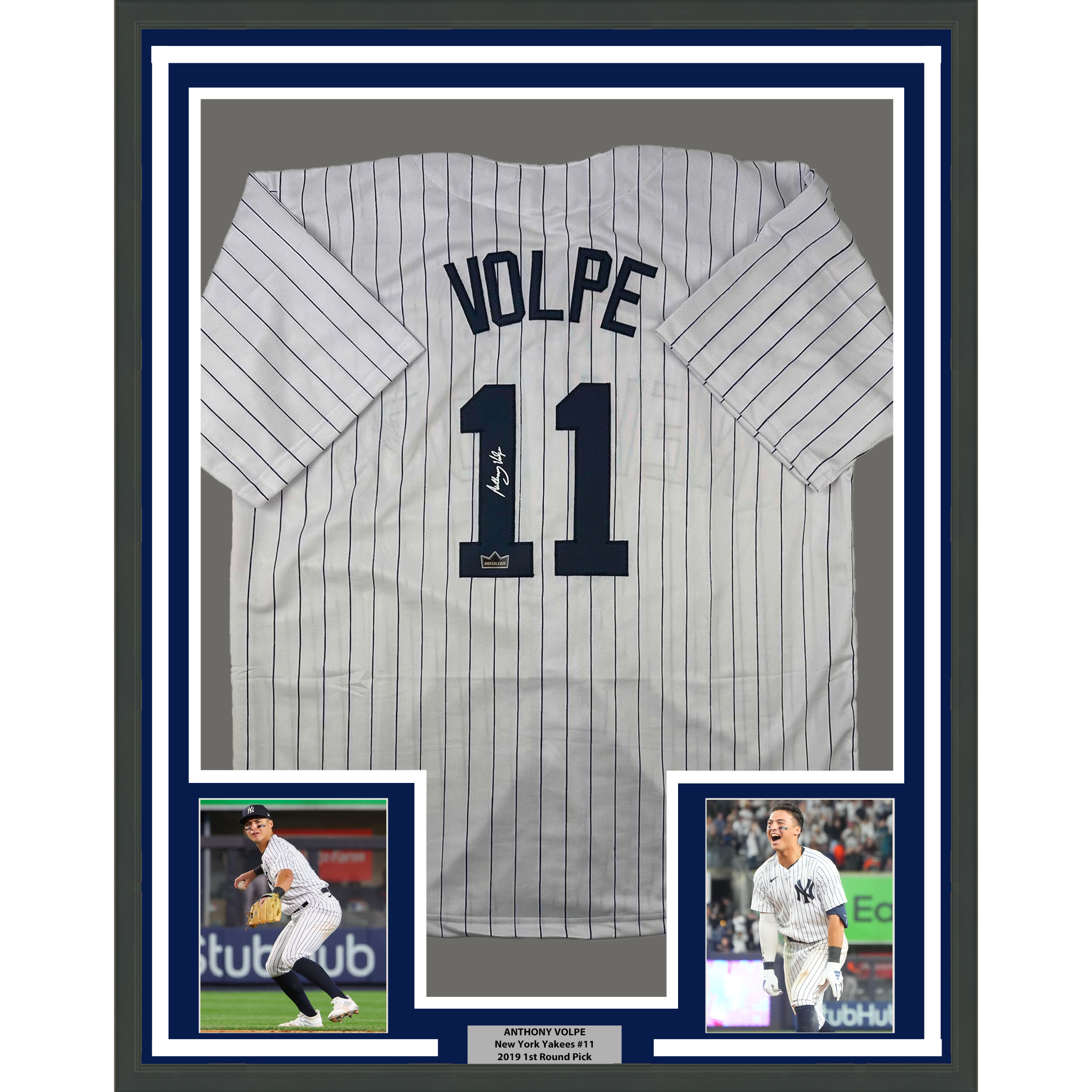 Framed Facsimile Autographed Anthony Volpe 35x39 New York Pinstripe Reprint Laser Auto Baseball Jersey
