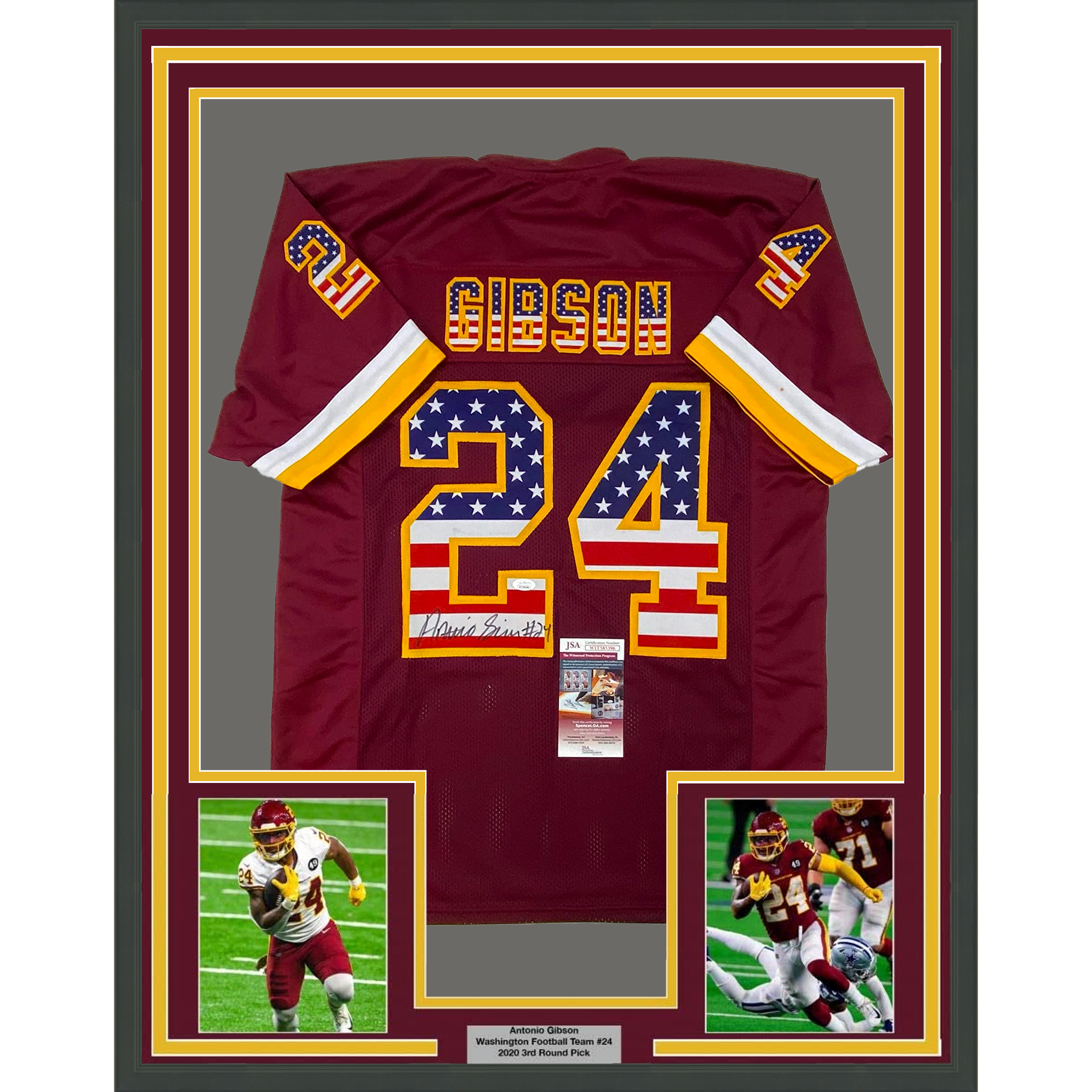 Framed Autographed/Signed Antonio Gibson 35x39 Washington American Flag Football Jersey JSA COA