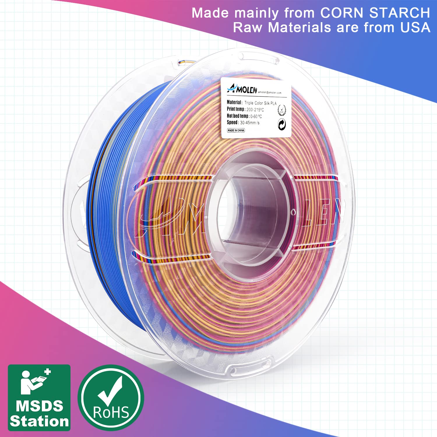 PLA Silk Triple Color 1.75mm, 1KG/2.2LB
