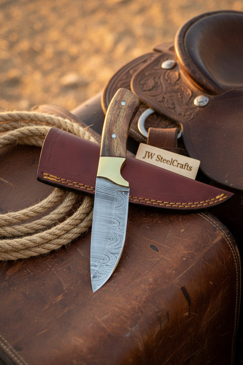 Handmade Damascus Field Knife 8” Bushcraft Knife Wood Handle with Leather Sheath