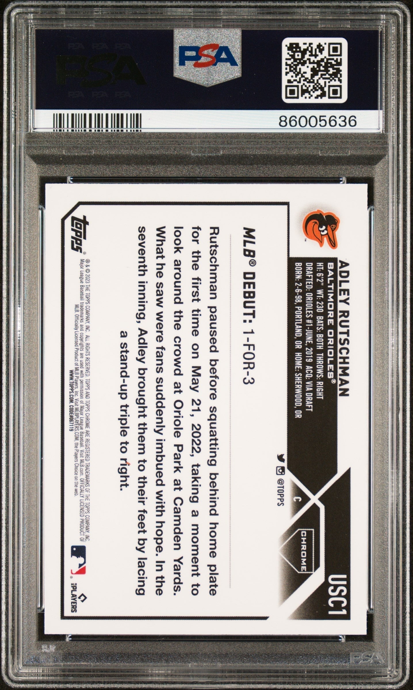 Graded 2023 Topps Chrome Update Adley Rutschman #USC1 Refractor Rookie RC Baseball Card PSA 10 Gem Mint