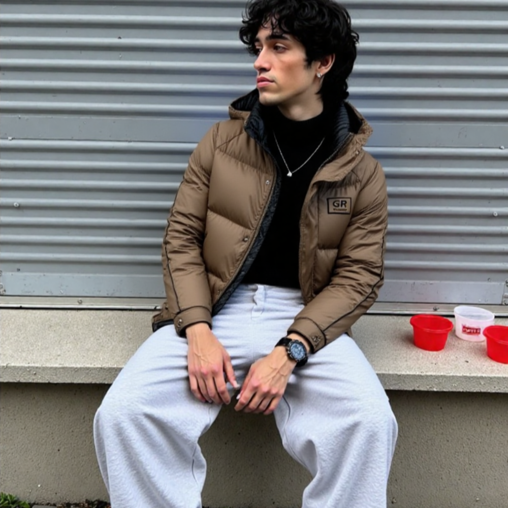 Mens High Collar Zipper Puffy Jacket