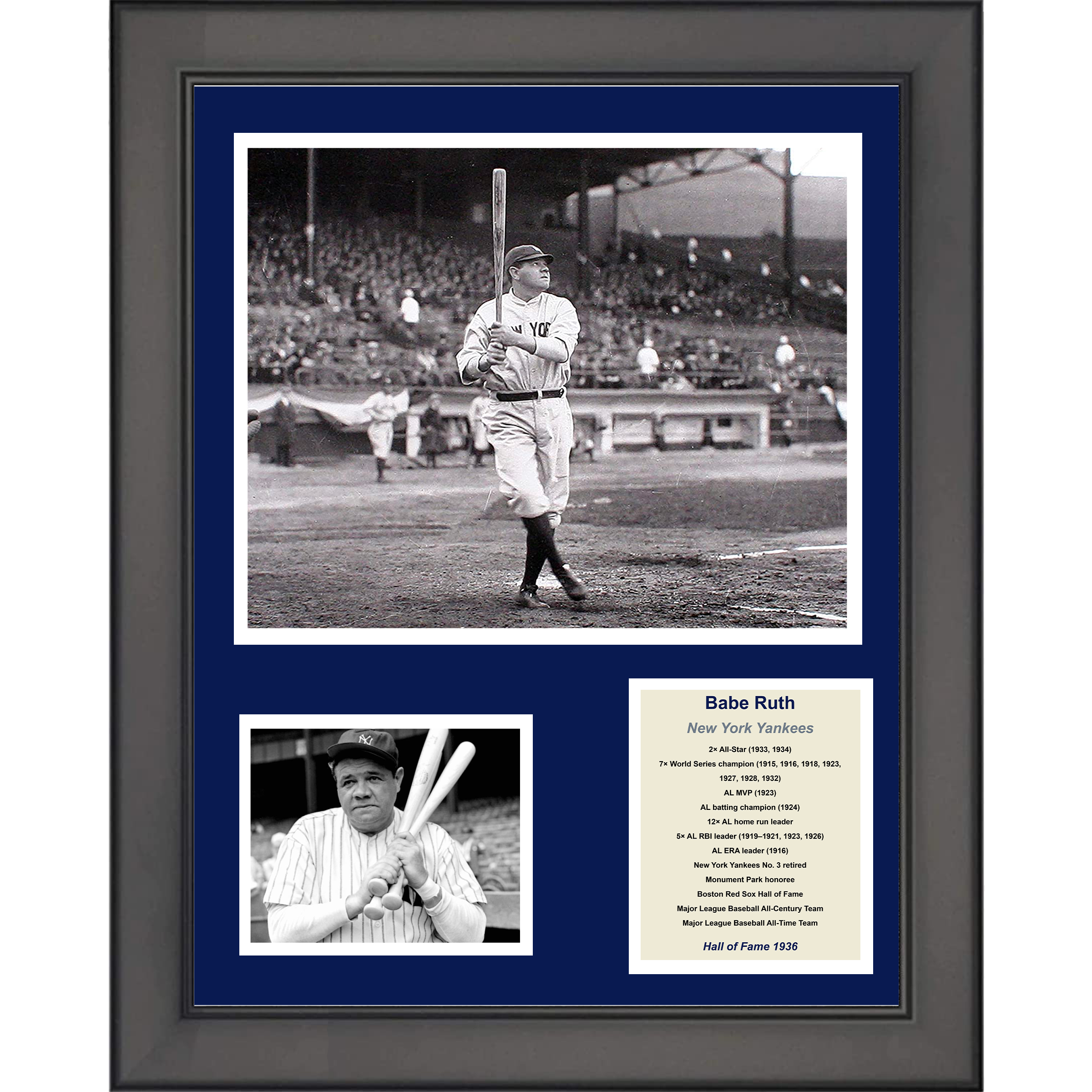 Framed Babe Ruth Hall of Fame New York Yankees Baseball 11"x14" Three Photo Collage