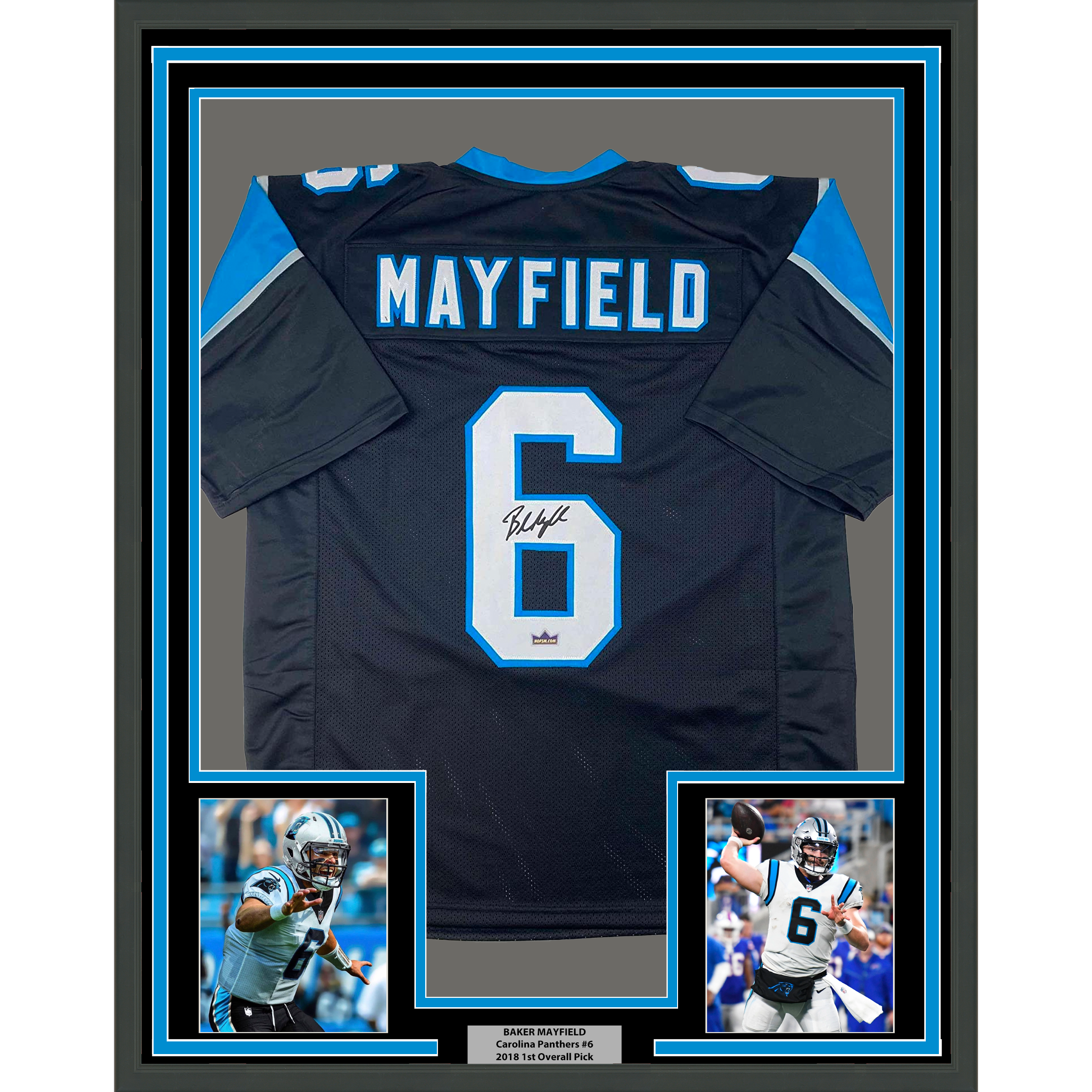 Framed Facsimile Autographed Baker Mayfield 35x39 Carolina Black Reprint Laser Auto Football Jersey