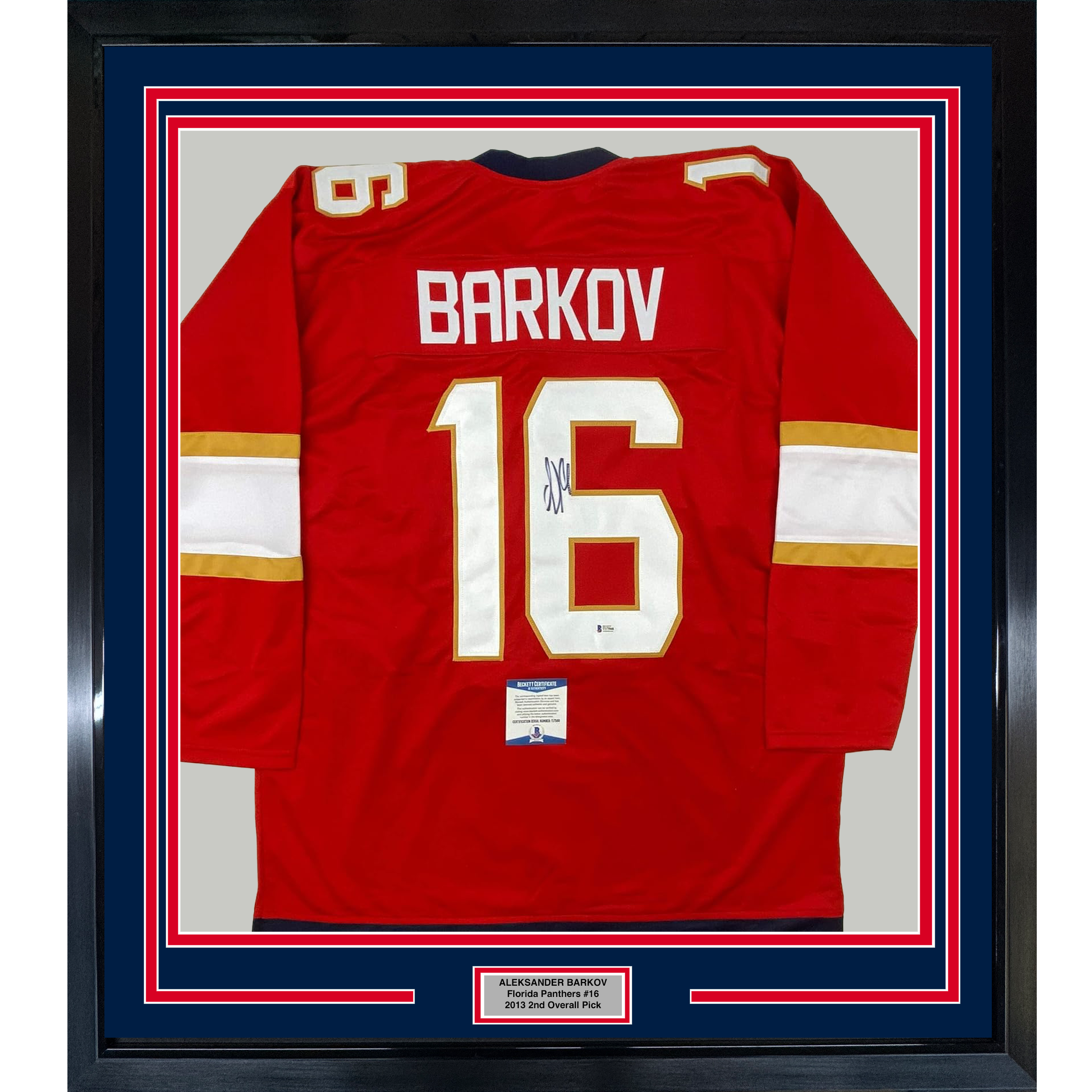 Framed Autographed/Signed Aleksander Barkov 35x39 Florida Red Hockey Jersey Beckett BAS COA